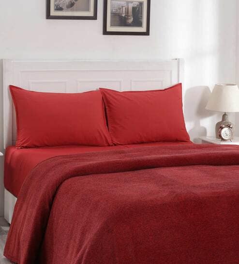 Red Solid 110 TC Cotton Double Bed Cover by Maspar