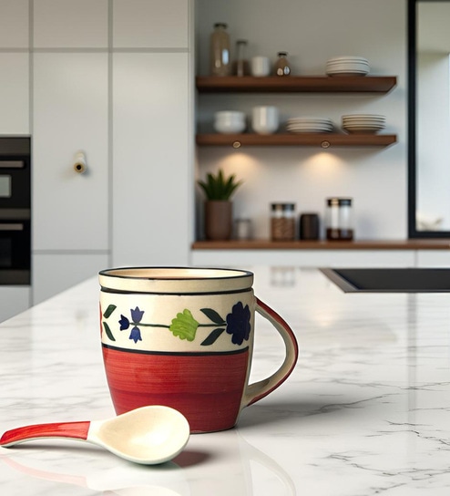 Red Patti Cup & Coaster Set of 1 (330 ML Each) Microwave Safe Coffee Mug