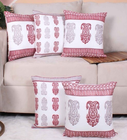 Red Polycotton Floral 16x16 inches Cushion Covers (Pack of 5) by STITCHNEST