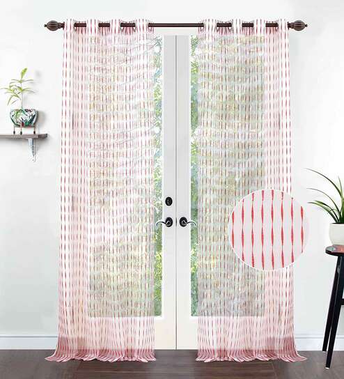 Red Polyester Striped 9 Ft Sheer Eyelet 2 Curtains by Deco Window