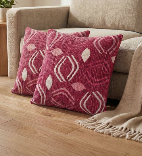 Red Polyester Abstract 16x16 inches Cushion Covers Set of 2