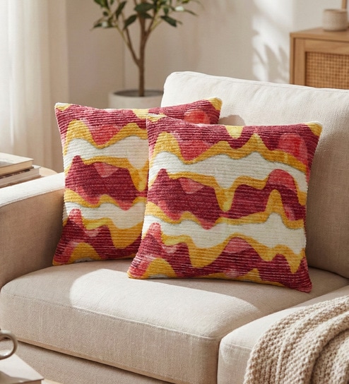 Red Polyester Abstract 20x20 inches Cushion Covers Set of 2