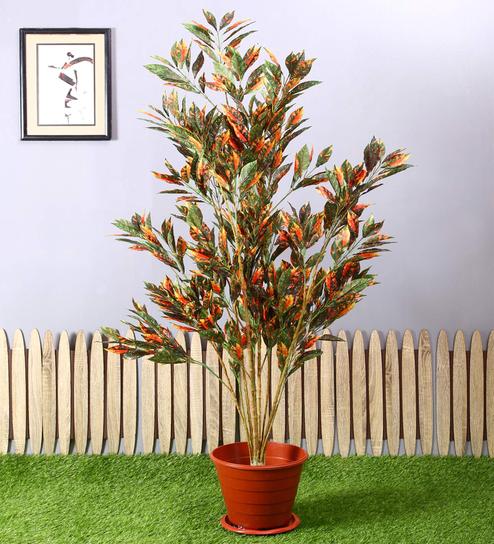 Red Polyester Artificial Croton Plant Without Pot