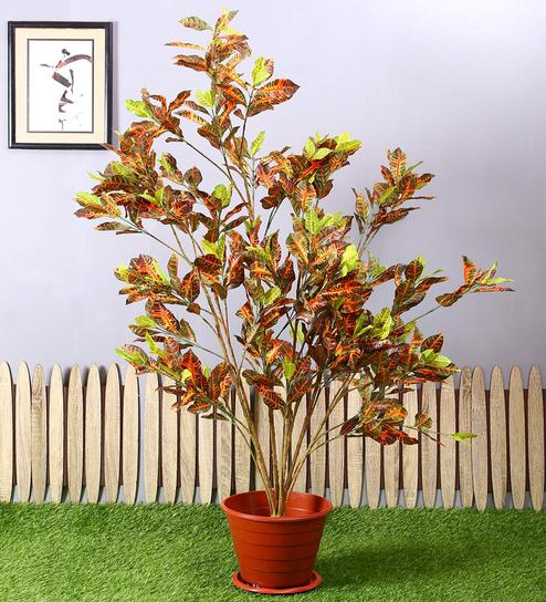 Polyester Red Croton Without Pot Artificial Plants