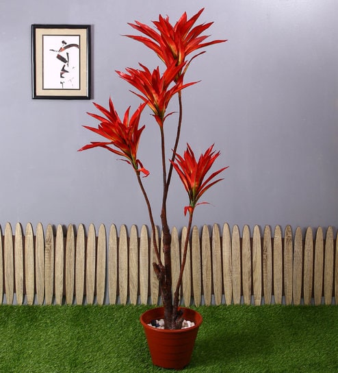 Red Polyester Artificial Draceana Plant Without Pot