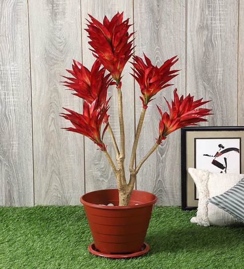 Red Polyester Artificial Draceana Plant Without Pot