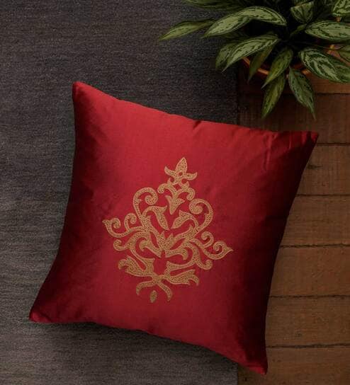 Red Traditional Polyester Blend 16 x 16 Inches Cushion Cover by Zeba