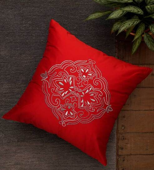 Red Polyester Blend Traditional  16x16 inches Cushion Covers (Set of 1) by Zeba