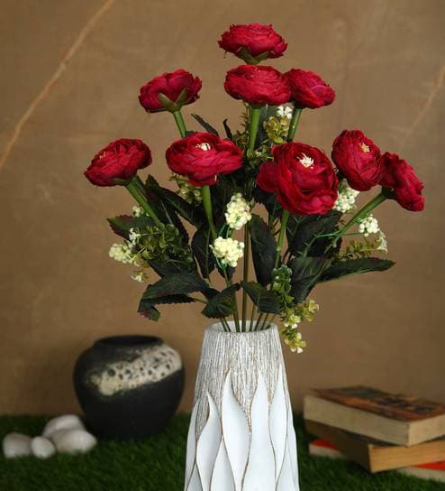 Red Polyester Fabric Decorative Artificial Camellia Rose Flower Bunch