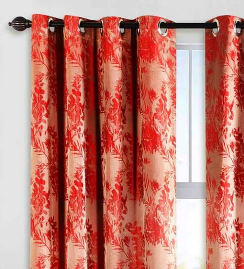 Red Polyester Floral 5 Ft Blackout Eyelet 2 Window Curtains By Deco Window