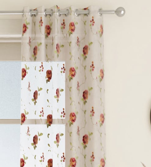 Red Floral Polyester 7 Ft Sheer Eyelet Door Curtain by GM Fabrics