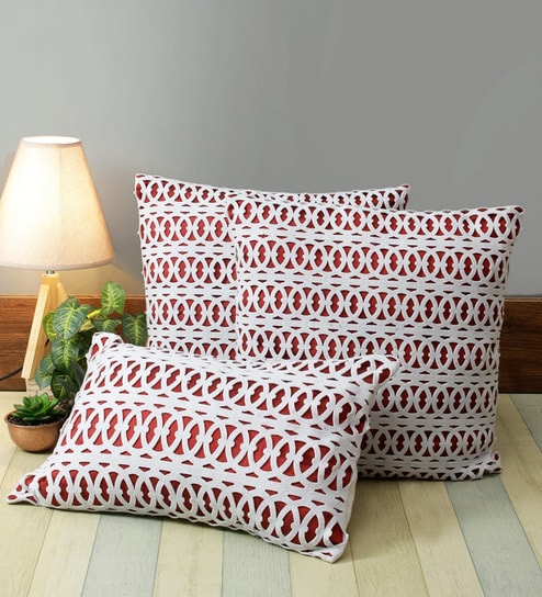 Red Polyester Laser Cut 40x40 inches Cushion Covers Set of 3
