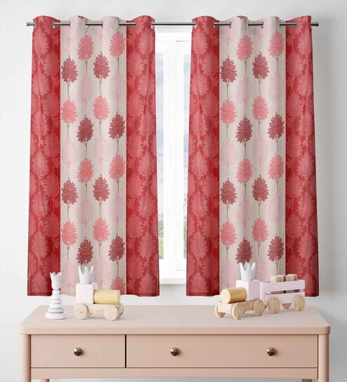 Red Floral Polyester 5 Ft Semisheer Eyelet Window Curtains (Set of 2)