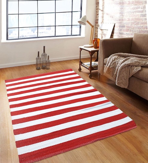 Red Polypropylene Striped 3 x 5 Feet Dhurrie