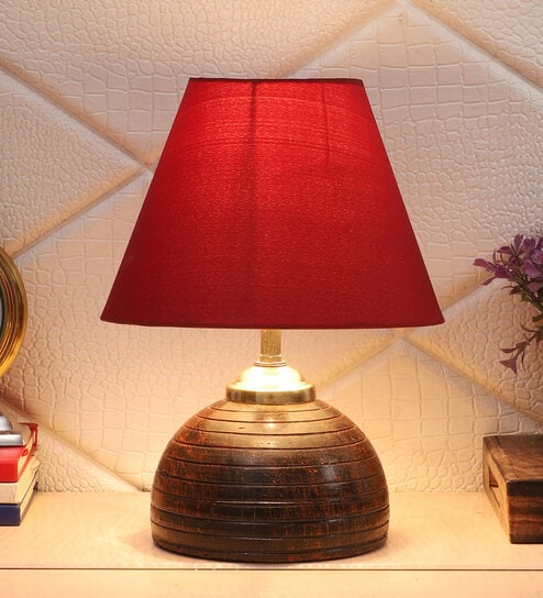 Red Shade Table Lamp With Brown Terracotta Base by Foziq