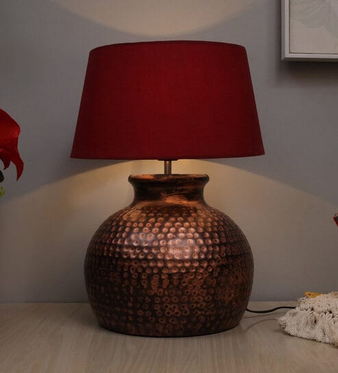 Red Shade Table Lamp With Metal Base
