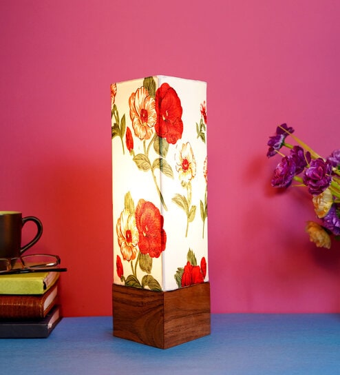 Minimalist Red & White Fabric Shade Table Lamp With Wood Base