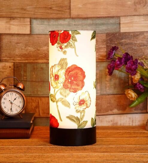 Demis Red Fabric Shade Table Lamp With Wood Base
