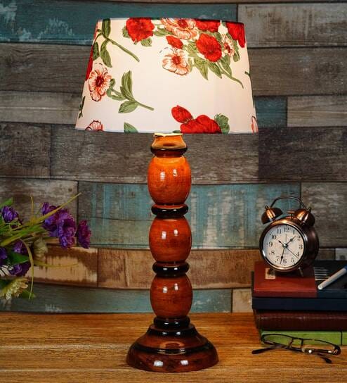 Colonial Red Fabric Shade Night Lamp With Wood Base By BrightDaisy