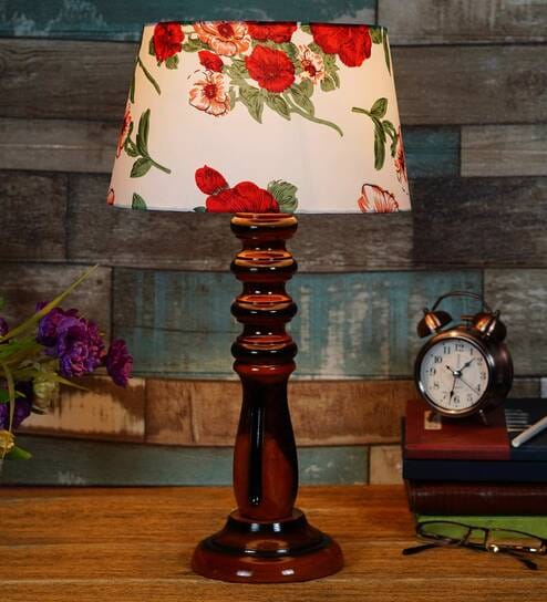 Rocky Red Fabric Shade Night Lamp With Wood Base By BrightDaisy