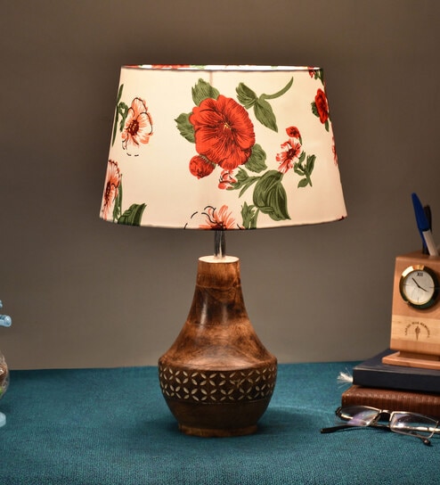 Blender Red Fabric Shade Night Lamp With Wood Base By BrightDaisy