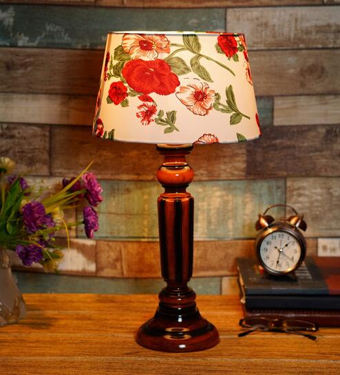 Timaru Red Fabric Shade Night Lamp With Wood Base By BrightDaisy