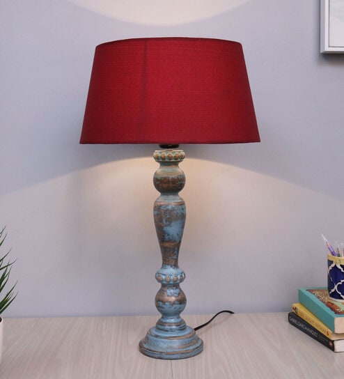 Red Shade Table Lamp With Wooden Base