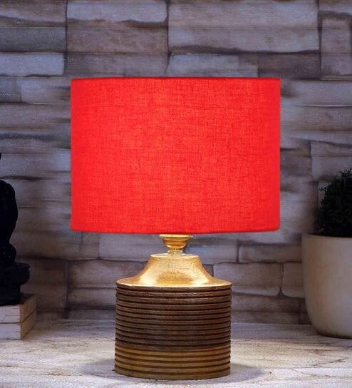 Red Shade Table Lamp With Wood Base By New Era