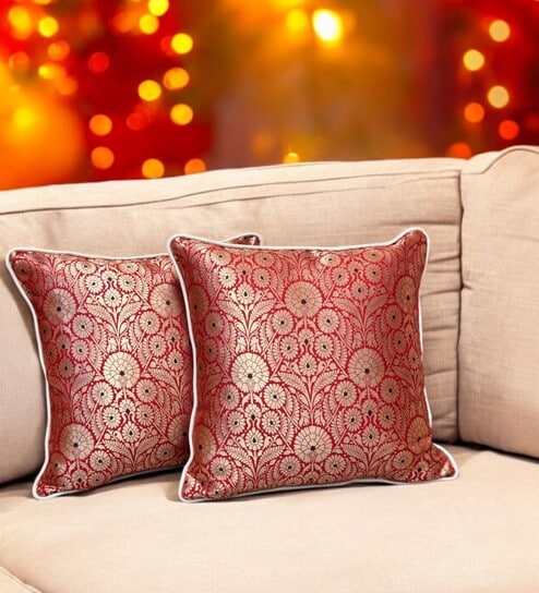 Red Silk blend Zari Woven Brocade 16x16 inches Cushion Covers (Set of 2)