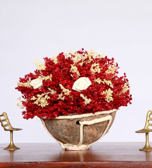 Red Sola Natural Dried Flowers On Coconut Shell Decorated With Coir
