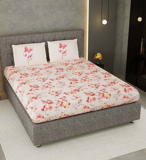Red Floral 300 TC Cotton King Sized Bed Sheets with 2 Pillow Covers by Jaipur Fabric