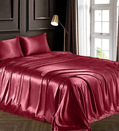 Red Solid 400 TC Satin King Fitted Bedsheet with 2 Satin Pillow covers
