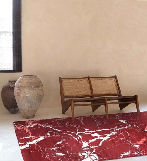 Red Abstract Blended Linen 3 ft x 5 ft Machine Made Carpet