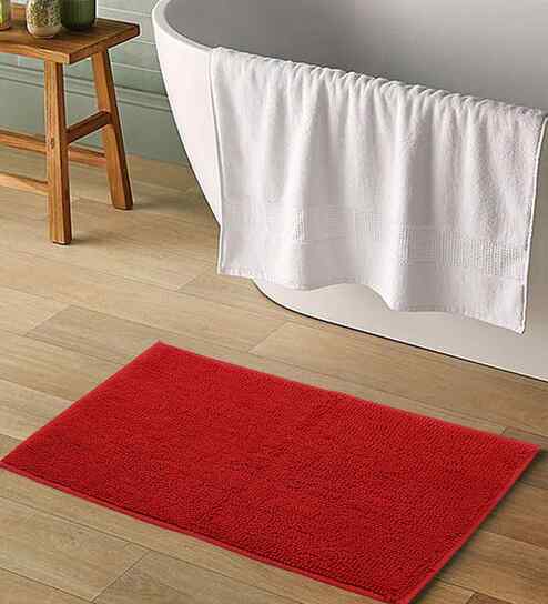 Red Solid Chenille Cotton 32x20 Inches Anti Skid Door Mat
