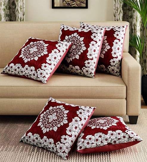 Buy Set Of 5 Floral Pattern Polyester Red Cushion Covers 16 X 16