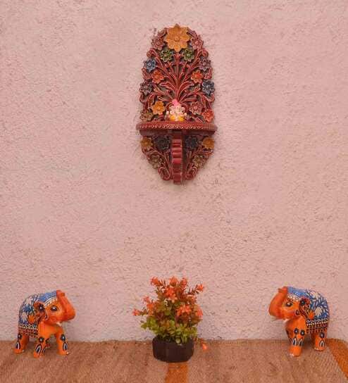 Red Handpainted And Carved Wooden Pooja Shelf