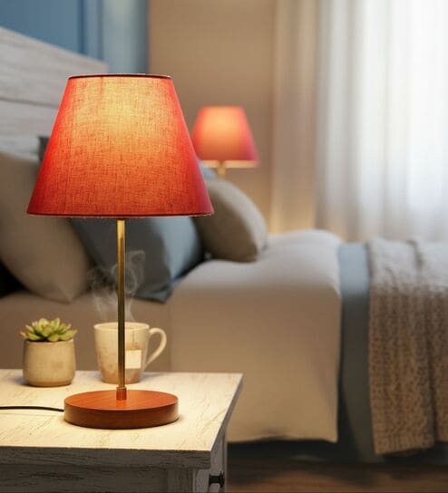 Red Texture Fabric Shade Table Lamp, Brown Wooden Base Bedside & Desk Light for Bedroom, Living Room & Home Decor