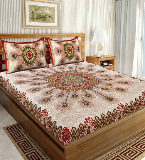 Red Traditional 120 TC 100% Cotton Queen Bedsheet With 2 Pillow Covers