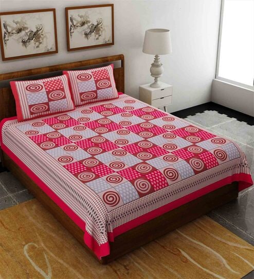 Red Traditional 120 TC 100% Cotton Queen Bedsheet With 2 Pillow Covers