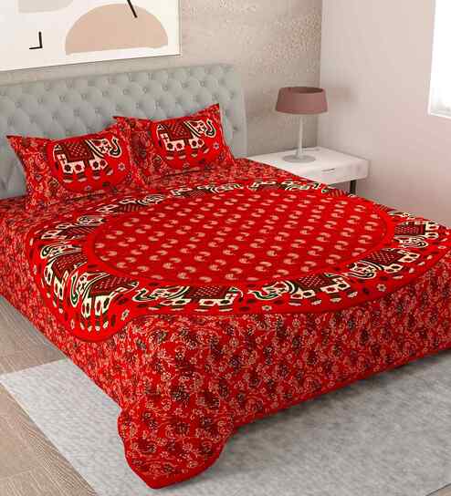 Red Traditional 180 TC Cotton  King Sized Bedsheet with 2 Pillow Covers
