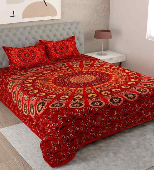 Red Traditional 180 TC Cotton  King Sized Bedsheet with 2 Pillow Covers