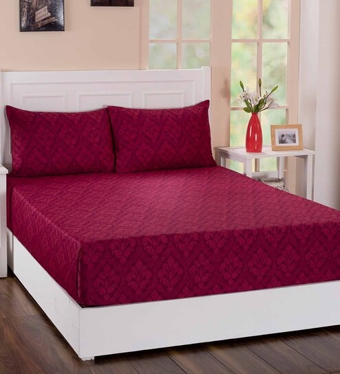 Red Traditional 210 TC Cotton 1 Single Bedsheet With 1 Pillow Cover Folklore Collection by Maspar