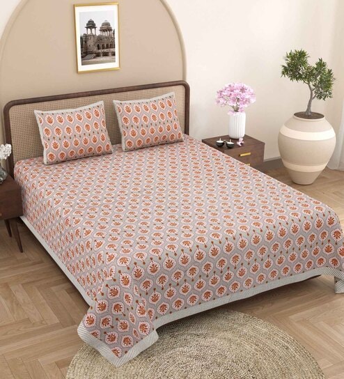 Red Traditional 240 TC Pure Cotton King Sized Double Bedsheet with 2 Pillow Covers
