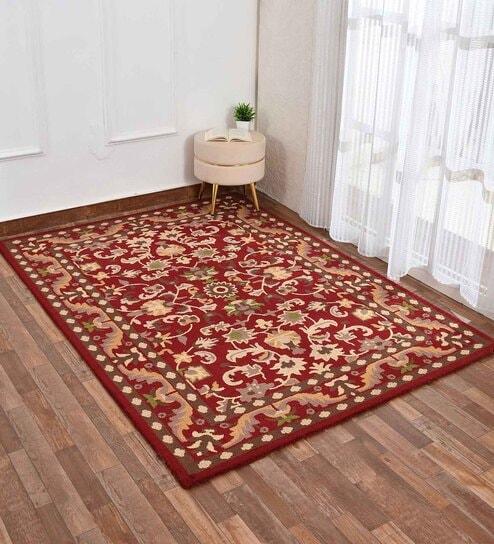 Red Traditional Wool 6 ft x 9 ft Hand Tufted Carpet