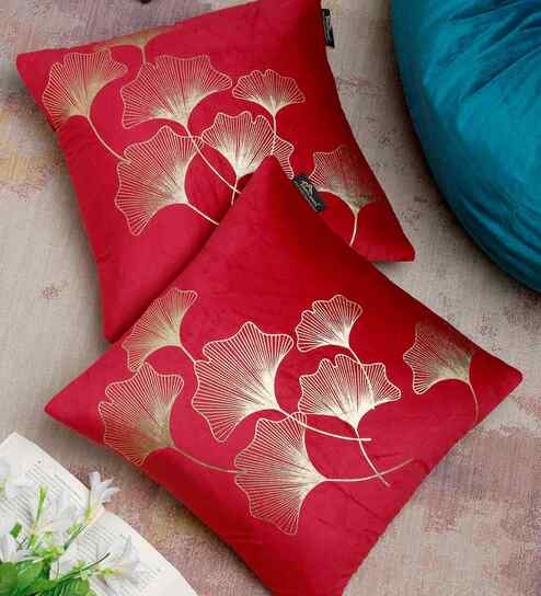 Red Velvet Floral 16X16 Inches Cushion Covers (Pack of 2)