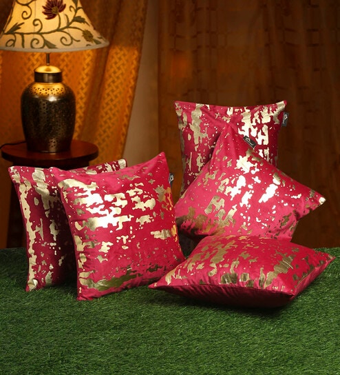 Red Abstract Velvet 16 x 16 Inches Cushion Covers (Set of 5) by Hosta Homes