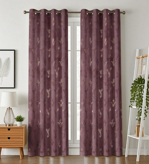 Red Velvet Leaf Print 7Ft Ring Top Door Curtain Pack of 1