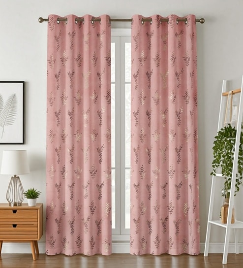 Red Velvet Leaf Print 7Ft Ring Top Door Curtain Pack of 1