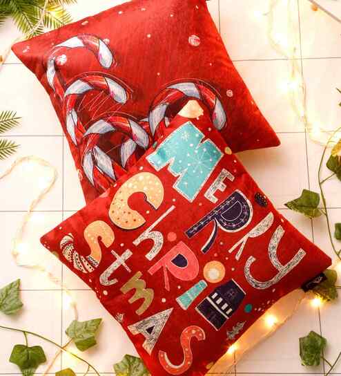 Red Velvet Tradiional 16X16 Inches Cushion Covers (Pack of 2)