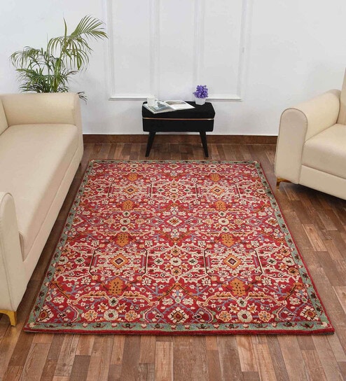 Red Vintage Polyester 6 x 9 Feet Machine Made Carpet